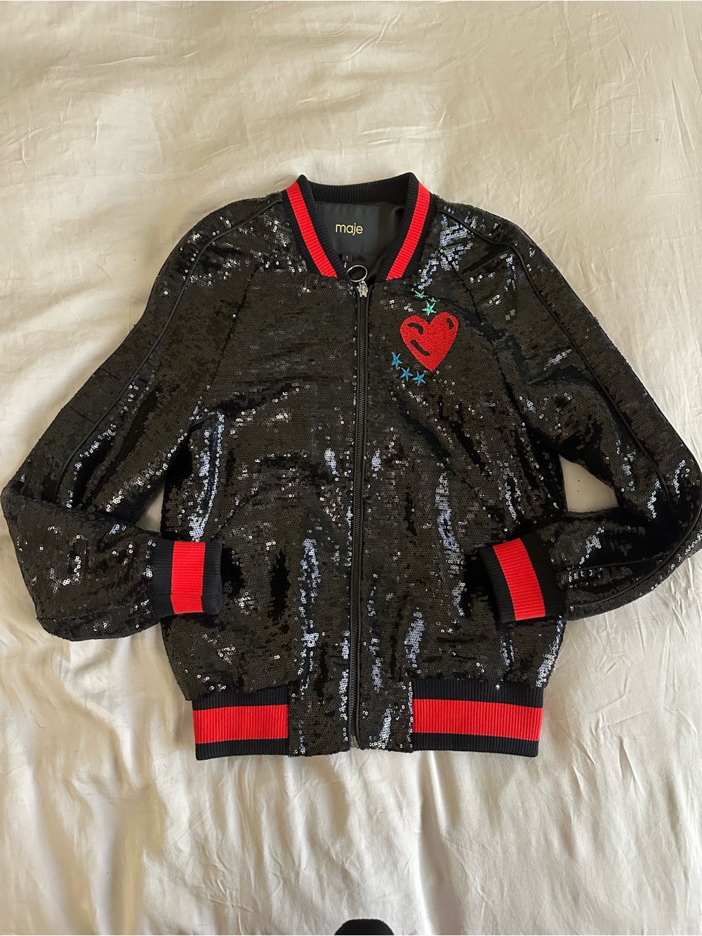 Maje Black Sequin Bomber Jacket with Red Trim and Heart Patch